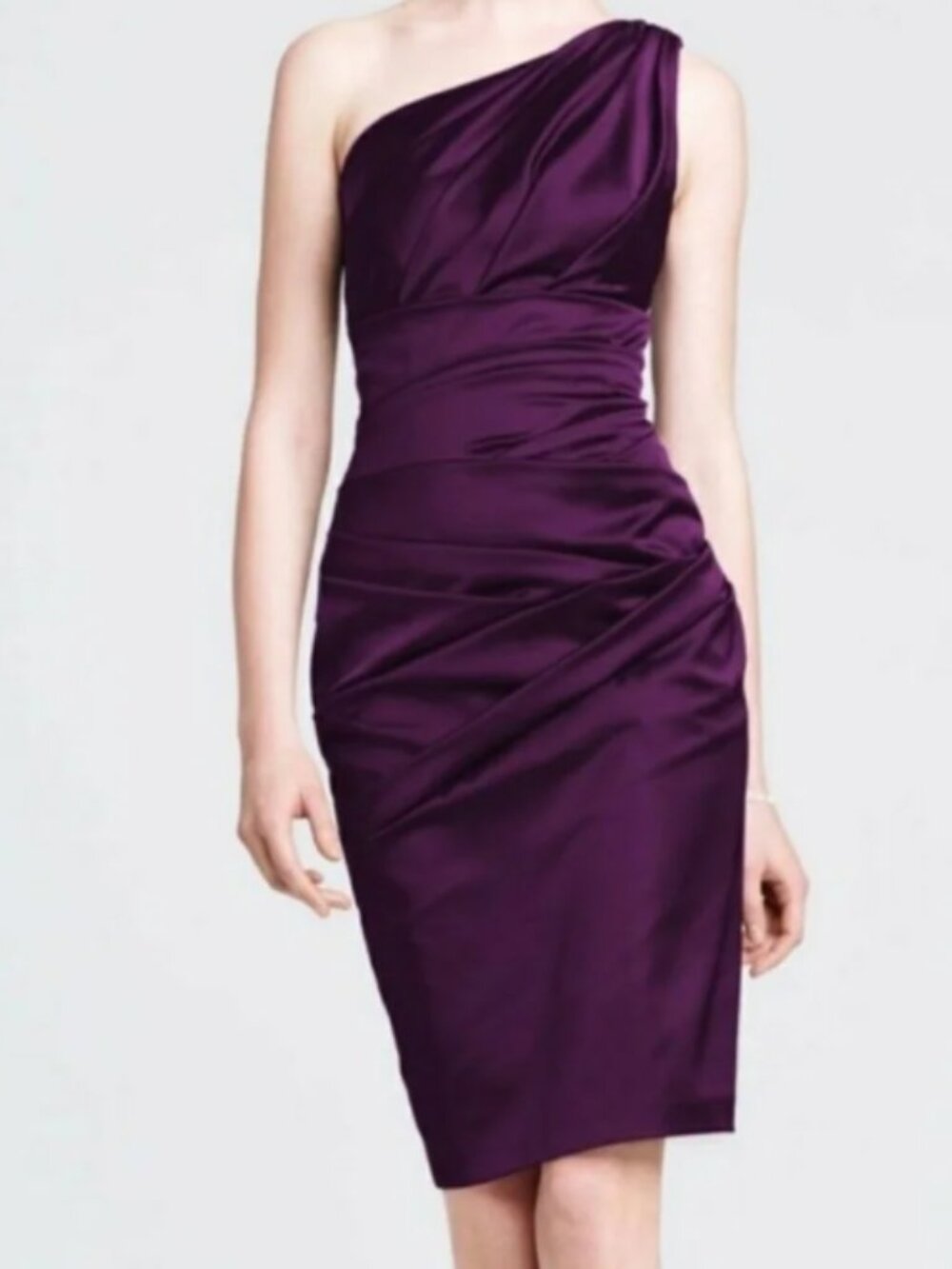 David's Bridal Plum Purple One Shoulder Satin Ruched Dress 8 Style 85106